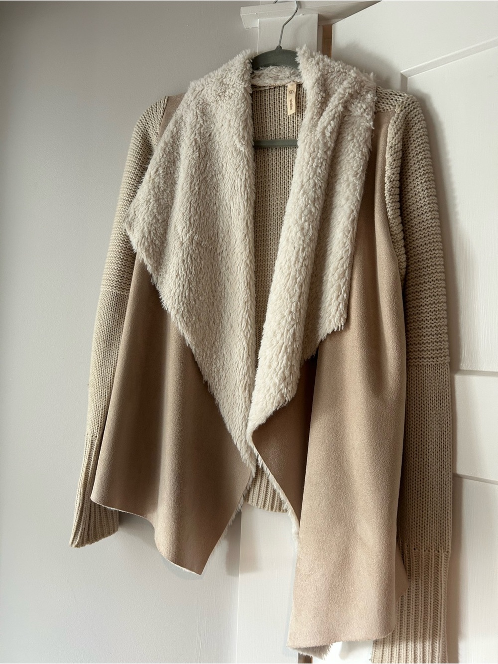 Wishlist Draped Open-Front Cardigan with Cream Faux-Shearling Collar